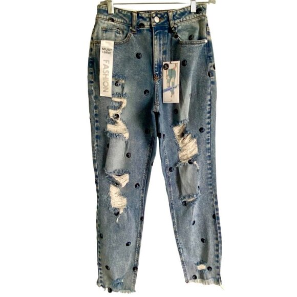 Tinseltown Hi Rise Distressed Mom Jeans With Ying Yang Symbols Size 5 NEW NWT - Picture 1 of 9